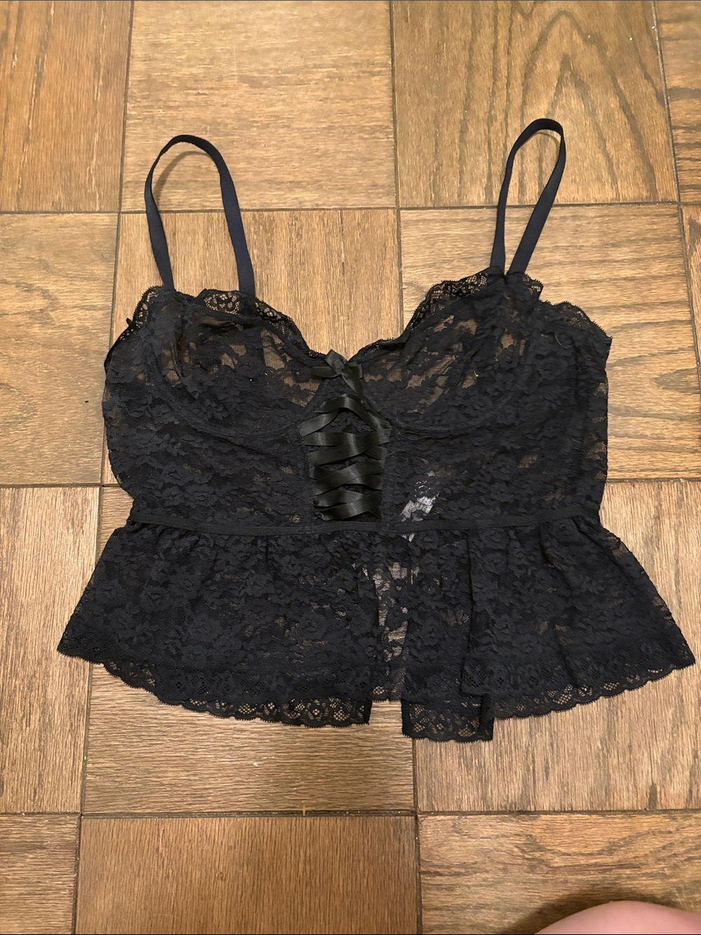 Adore Me Black Lace Peplum Cami with Ribbon Front